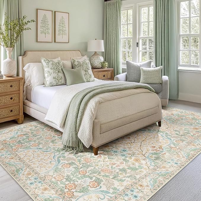 MUJOO 8x10 Area Rugs,Floral Washable Rugs for Living Room Dining Room Bedroom,Large Throw Carpet,Boho Non Slip Indoor Floor Big Soft Neutral Vintage Ultra-Thin Light Green and Beige