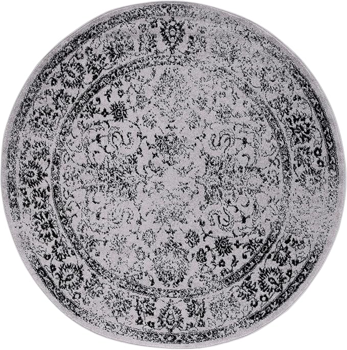 SAFAVIEH Adirondack Collection Area Rug - 8' Round, Grey & Black, Distressed Vintage Floral Design, Non-Shedding & Easy to Clean, Ideal for Living Room, Bedroom, Dining Space (ADR109B)