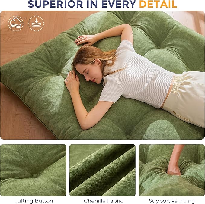 MAXYOYO Japanese Floor Mattress Queen Size, 6" Foldable Futon Mattress Tufted Roll Up Floor Bed, Thick Chenille Tatami Mat Sleeping Pad for Camping Guest Room Dormitory Bedroom RV, Green