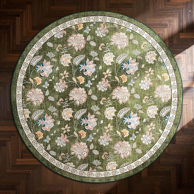 jinchan Elora 4ft Floral Round Rug for Entryway Washable Rug Vintage Romance Christmas Design Non Slip Indoor Doormat Lightweight Low-Profile Throw Carpet for Living Room Dining Room Bedroom, Green