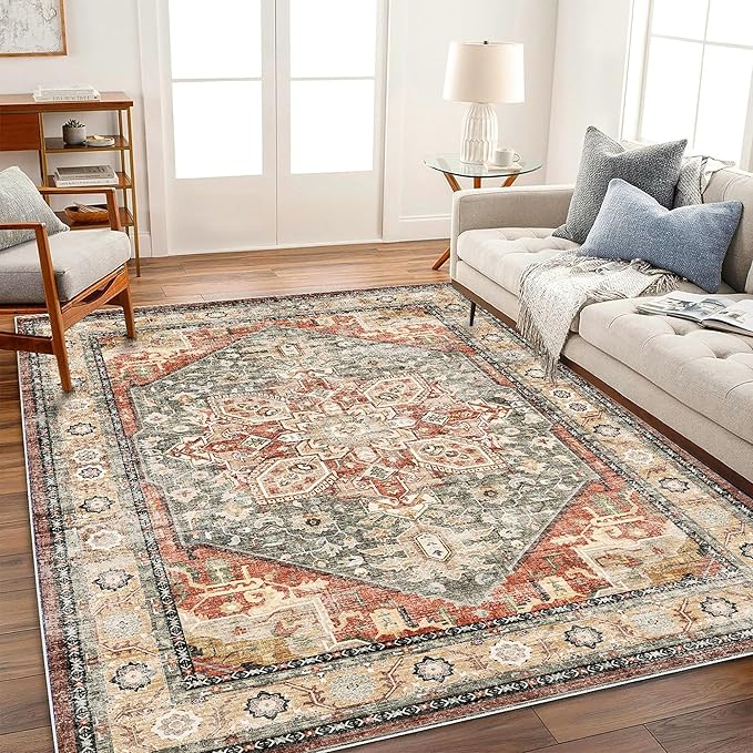 Area Rug 6'x9' Red Khaki Washable Vintage Traditional Floor Cover Thin Retro Kitchen Indoor Distressed Non Slip Carpet Floral Area for Living Room Bedroom Dining Room