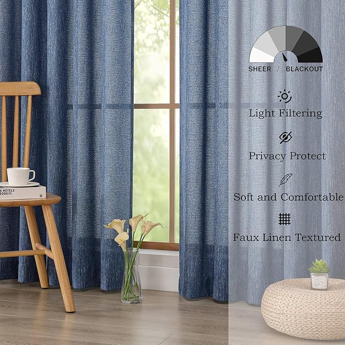 Simplebrand Navy Blue Faux Linen Textured Semi Sheer Curtains 108 Inches Long 2 Panels for Living Room, Privacy Extra Long Light Filtering Farmhouse Thick Window Drapes for Large Window, 50 x 108 Inch