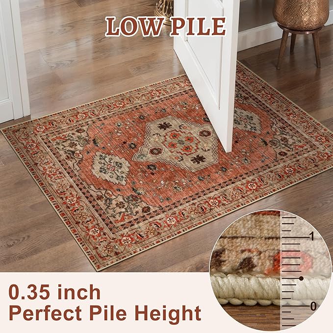 Tangsoo Boho Hallway Runner Rug 2.6x14 Washable Runner Rug for Hallways, Non Slip Vintage Soft Low Pile Long Rug Runner, Oriental Terracotta Carpet Runners for Kitchen Bedroom Entryway Living Room