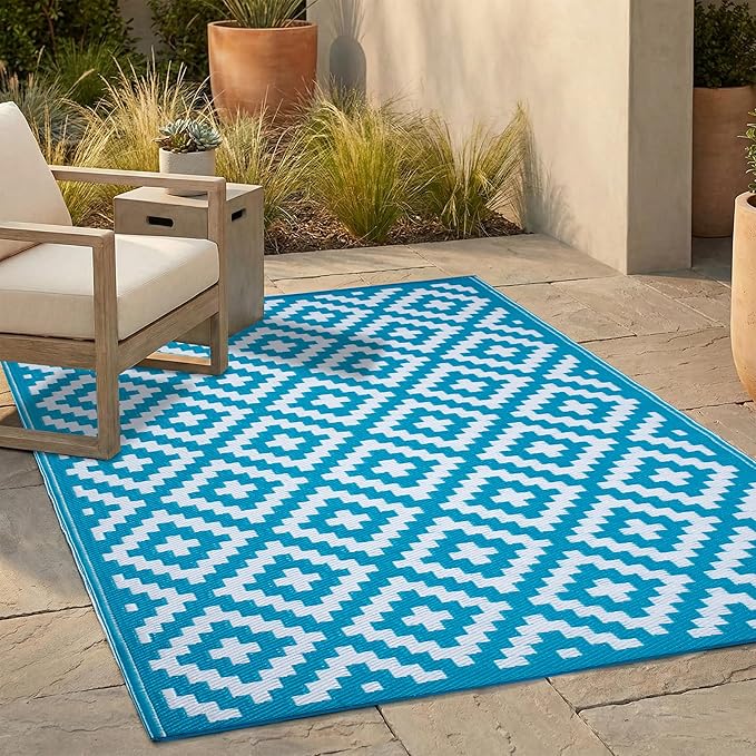FH Home Outdoor Rug - Waterproof, Fade Resistant, Reversible - Premium Recycled Plastic - Geometric - Patio, Deck, Porch, Balcony, Laundry Room - Aztec - Teal & White Crease Free - 4 x 6 ft