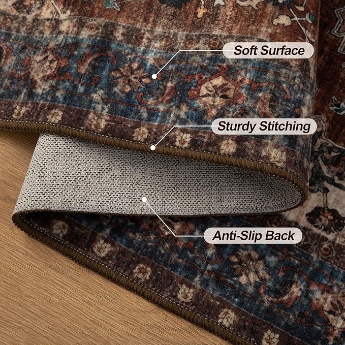 Tangsoo 2.6x8 Washable Runner Rug for Hallways, Non Slip Vintage Runner Rug, Soft Low Pile Long Rug Runner, Print Distressed Carpet Runners for Kitchen Bedroom Entryway Bathroom Living Room