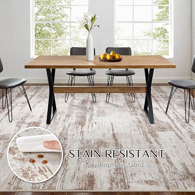 Abstract Living Room Rug 9x12 - Modern Washable Soft Thin Area Rug for Living Room Bedroom Under Dining Table - Neutral Indoor Floor Rug Carpets for Home Office Playroom Nursery - Light Brown