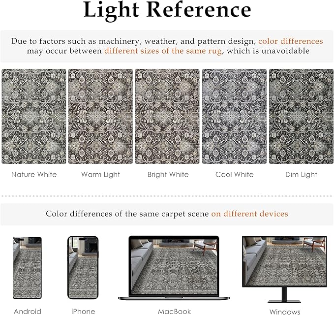 Vintage Area Rug 10x14 Black Washable Living Room Large Carpet Non Slip Bedroom Indoor Office Low Pile Traditional Distressed Retro Accent Rug for Dining Room