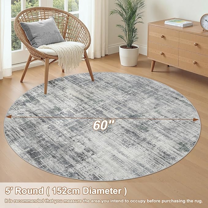 5ft Round Area Rug for Living Room: 5x5 Washable Neutral Abstract Modern Soft Rugs Non Slip Indoor Floor Stain Resistant Carpet for Bedroom Dining Room Office Nursery - Gray