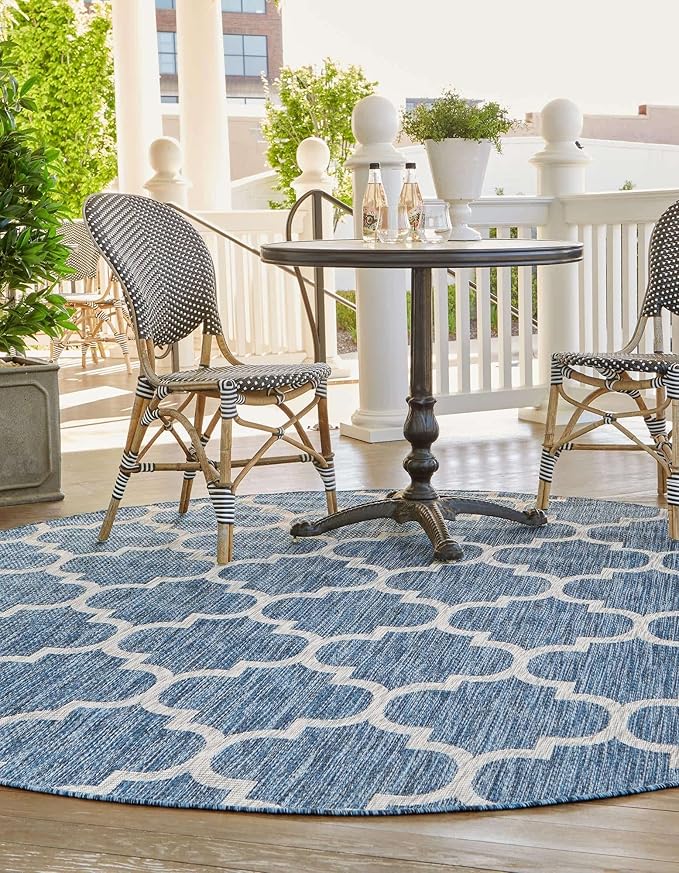 Unique Loom Outdoor Trellis Collection Area Rug - Trellis (Round 3' 3" x 3' 3", Navy Blue/ Ivory)
