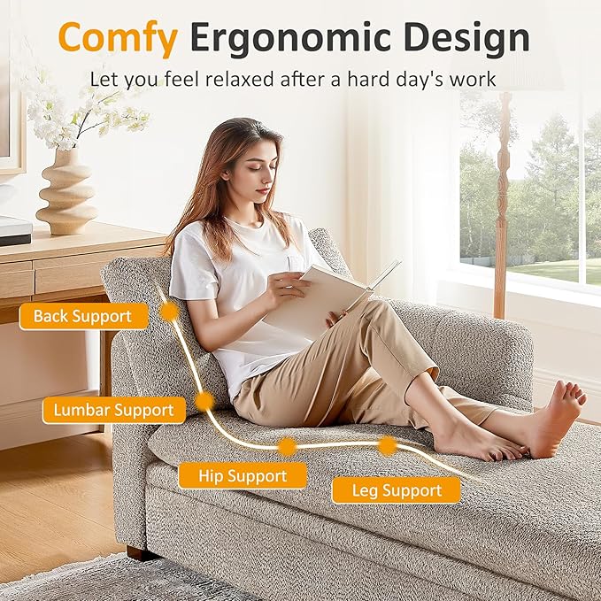 VANOMi Oversized 70.47'' Chaise Lounge Chair Indoor with Storage Space, Modern Upholstered Sofa Bed with Thick Cushion and Left Armrest, Boucle Leisure Recliner for Living Room, Bedroom, Office, Camel