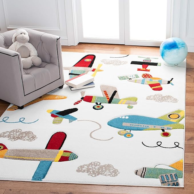 SAFAVIEH Area Rug 8x10 - Carousel Kids Collection - Large - Ivory & Blue, Non-Shedding & Easy Cleaning, Ideal for Boys & Girls in Playroom, Nursery, Bedroom (CRK167A)