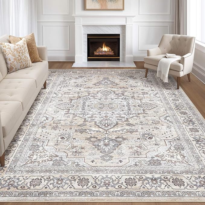 10x12 Area Rug Living Room: Washable Boho Large Neutral Vintage Soft Rugs Stain Resistant Farmhouse Non Slip Indoor Floor Carpet for Bedroom Nursery Kids Playroom Office Dining Room- Ivory Gray