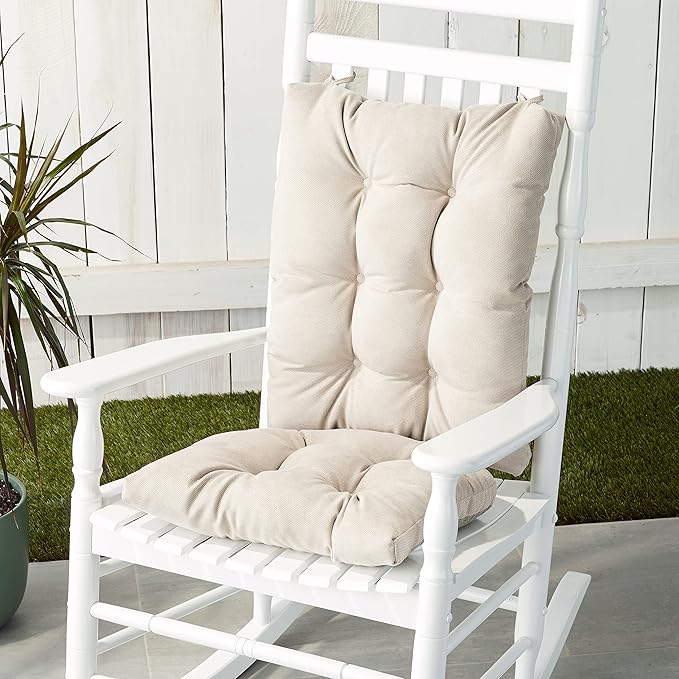 Klear Vu Omega Non-Slip Rocking Chair Cushion Set, Assembled in USA, Thick Padding & Tufted Design, Includes Seat Pad & Back Pillow with Ties, 17x17 Inches, 2-Piece Set, Twillo Stone