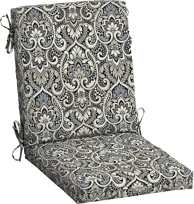 Arden Outdoor Dining Chair Cushion, 20 x 20, Rain-Proof, Fade Resistant, Black Aurora Damask