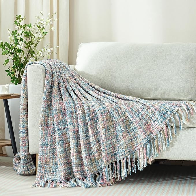 Multi-Color Pink Blue Cable Knitted Throw Blanket for Couch,50"X60" Boho Style Textured Blankets for Home Decor,Super Soft Warm Cozy Chunky Knit Blanket with Decorative Tassels for Bed