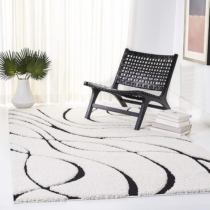 SAFAVIEH Florida Shag Collection Area Rug - 5'3" x 7'6", Ivory & Black, Non-Shedding & Easy Care, 1.2-inch Thick Ideal for High Traffic Areas in Living Room, Bedroom (SG471-1290)