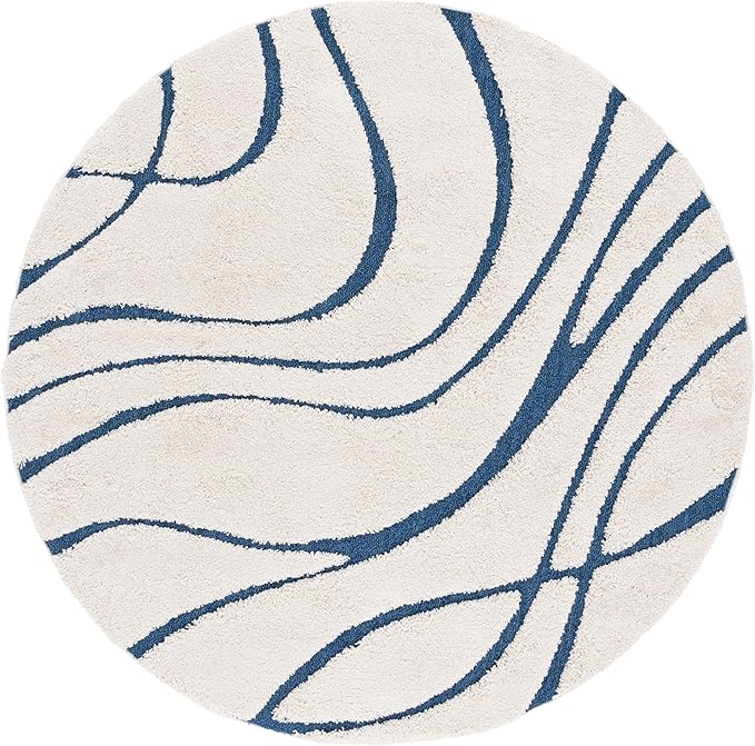 SAFAVIEH Florida Shag Collection 11' Round Cream/Blue SG471 Abstract Wave Non-Shedding Living Room Bedroom Dining Room Entryway Plush 1.2-inch Thick Area Rug