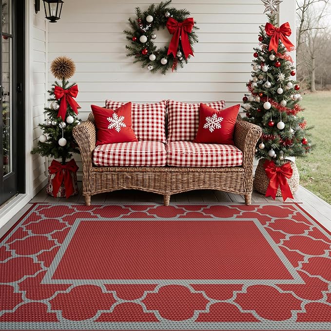 GENIMO 5' x 8' Outdoor Rug Waterproof for Patio Christmas Decor, Foldable Reversible Plastic Straw Area Rugs Mat for Camper, Outside Carpet for Rv, Deck, Porch, Picnic, Beach, Balcony, Red & Grey