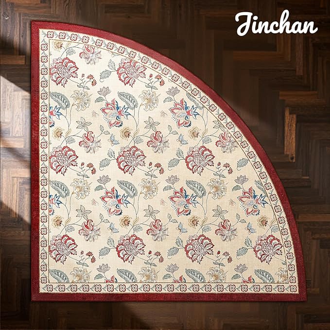 jinchan Elora Floral Corner Rug for Living Room Washable Rug Vintage Romance Christmas Design Non Slip Quarter Circle Lightweight Low-Pile Throw Carpet for Reading Playroom, 7ft Radius, Red/Beige