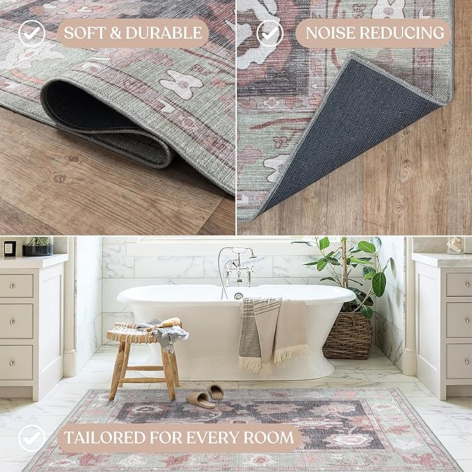 Fame Living Green Oushak Rug, Modern, Vintage, Turkish, Eclectic, Floral, Pastel, Washable, Extra Large Area Rugs for Living Room, Dining, Bedroom, Lounge, 9'x12'