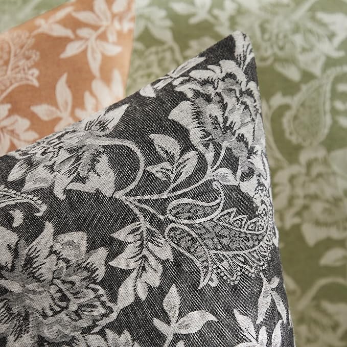 Floral Jacquard Throw Pillow Covers Set of 2, Background/Charcoal 20x20 Inch, Farmhouse Decorative Cotton Dark Grey Cushion Covers for Sofa Bed Living Room Home Decor
