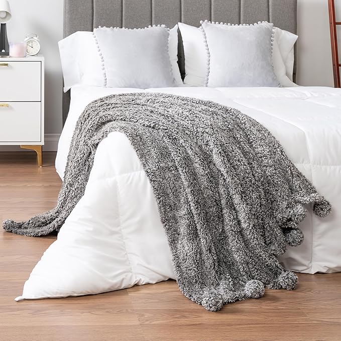 PAVILIA Grey Sherpa Throw Blanket for Couch, Warm Plush Pom Blanket Throw, Gray Fuzzy Sofa Throw, Lightweight Soft Cozy Fluffy Blanket with Pom Poms, Heather Grey, 50x60