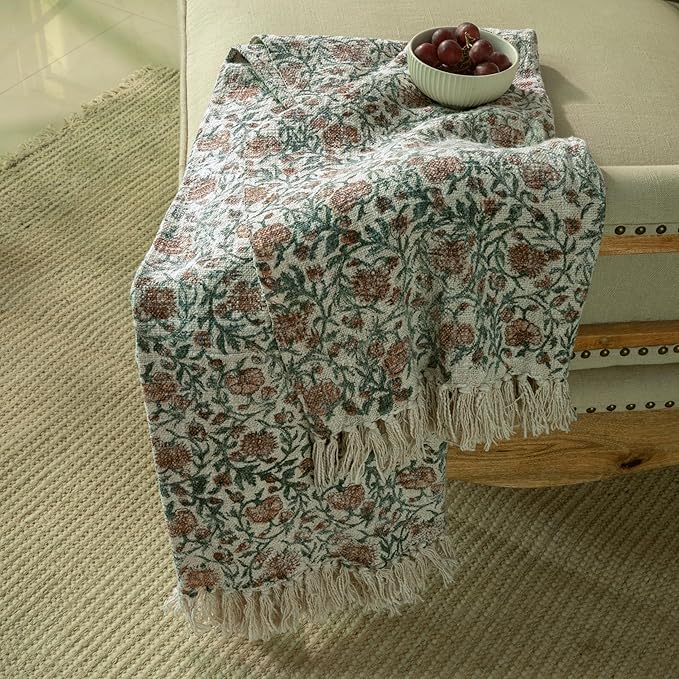 100% Pure Cotton Handblock Printed Throw Blanket, Soft 50" x 60" Fringed Floral Print Throw for Couch, Sofa, Chair, Bed - Cozy, Machine Washable, Comfortable Home Decor