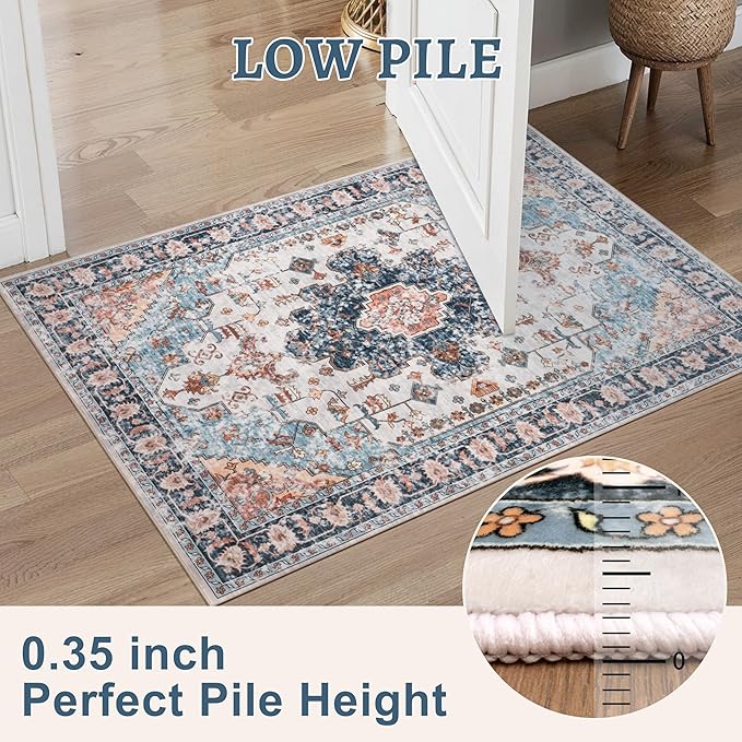 Tangsoo 8x10 Area Rug for Living Room, Washable Vintage Indoor Non Slip Large Area Rugs, Print Distressed Blue/Beige Carpet, Soft Low Pile Foldable Floor Rug for Bedroom Dining Room Dorm