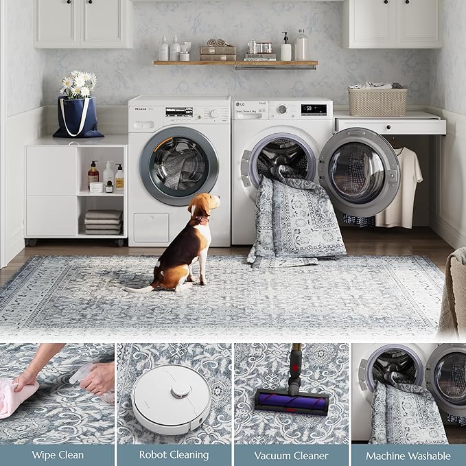 jinchan Floral Area Rugs 4x6 - Machine Washable Vintage Distressed Boho Design Throw Rug Stain Resistant Carpet Low Pile Ultra-Thin Non-Slip for Bedroom Living Room Dining Room Kitchen (4‘x6', Grey)