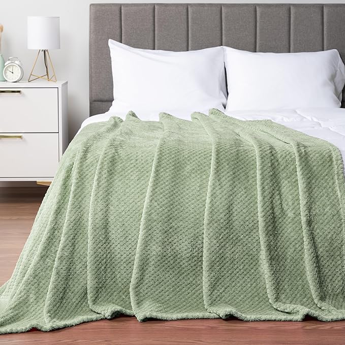 PAVILIA Sage Green Throw Blanket for Couch, Twin Bed, Soft Fleece Throws for Sofa Chair, Fuzzy Waffle Textured Blanket, Cozy Warm Lightweight All Season Blanket Throw, 60x80