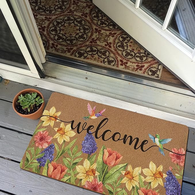 Spring Colorful Floral Birds Door Mat, Flower Welcome Front Door Mat Indoor Outdoor Entrance, Rustic Botanical Artificial Coir Doormat Rugs for Patio Entry Kitchen Decor 30x17in