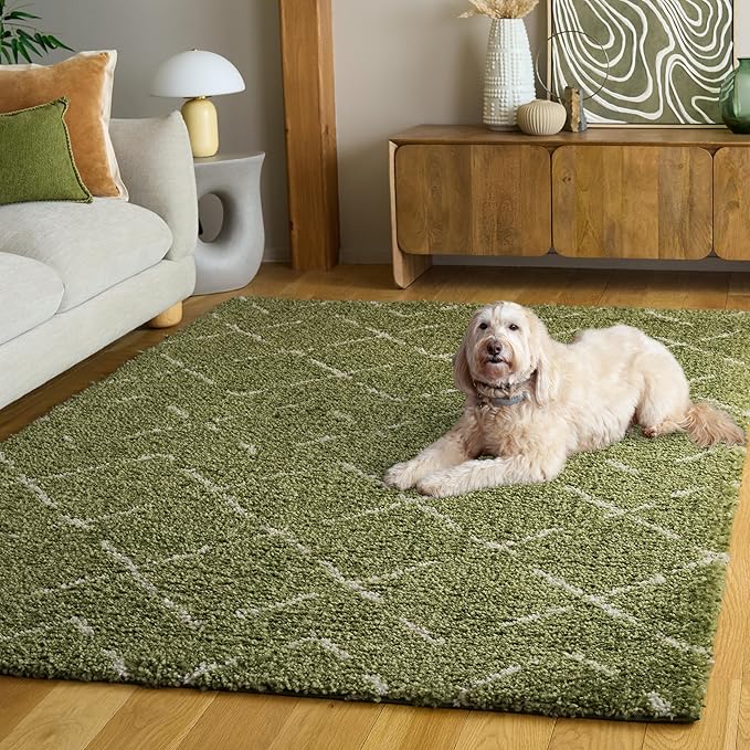 SAFAVIEH Arizona Shag Collection Area Rug - 5'1" x 7'6", Green & Ivory, Moroccan Boho Design, Non-Shedding & Easy to Clean, Ideal for Living Room, Bedroom, Dining Space (ASG743X)