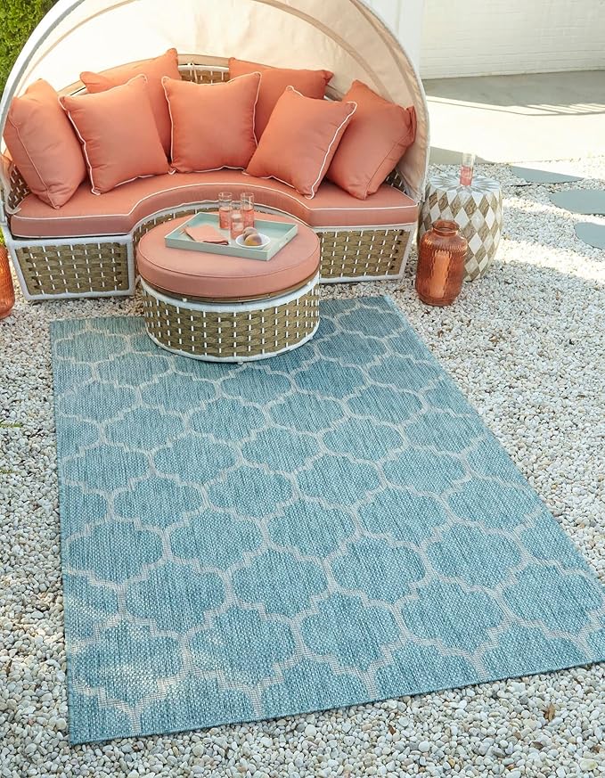 Unique Loom Outdoor Trellis Collection Area Rug (10' x 14' 1" Rectangle, Aquamarine/ Gray)