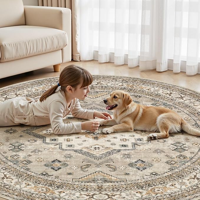 8ft Round Vintage Living Room Area Rug - 8x8 Large Soft Washable Oriental Traditional Distressed Farmhouse Rugs for Bedroom - Indoor Floor Accent Carpet for Home Office House Decor - Beige
