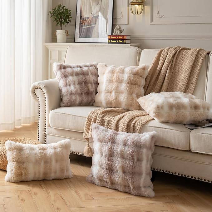 Pack of 2 Thick Plush Throw Pillow Covers Fluffy Wave Faux Fur Decorative Cushion Covers Soft Wool Pillowcase for Sofa Couch Livingroom 12x20 Inch White Taupe