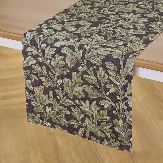 Solino Home 100% Pure Linen Table Runner 90 Inches Long - Floral Print Green and Brown Table Runner 14 x 90 Inch - Handcrafted and Machine Washable - Fallen Leaves Print