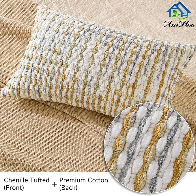 AmHoo Boho Chenille Pillow Cover Decorative Tufted Pillowcase for Couch Bed Sofa Bedroom Living Room Modern 12 x 20-Inch Grey