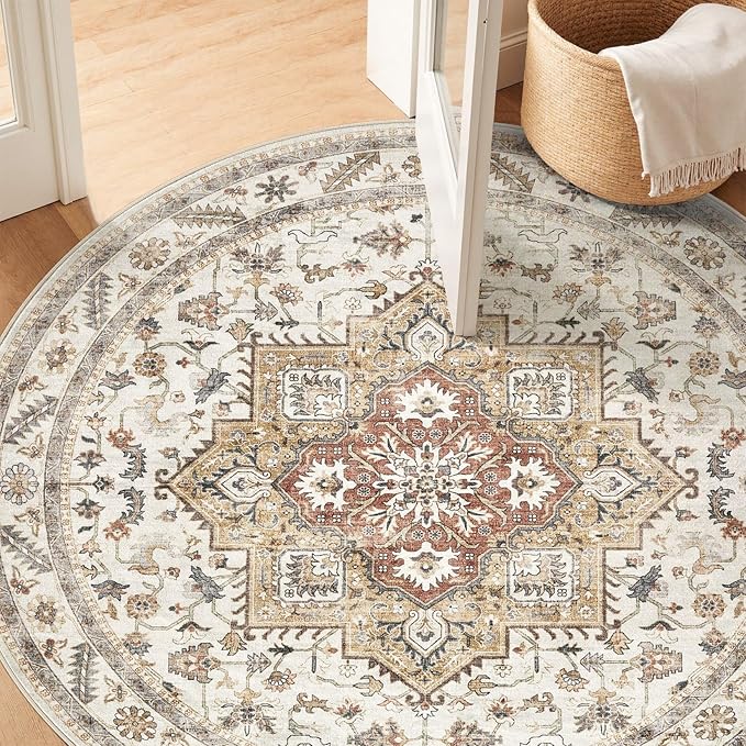 8ft Round Vintage Living Room Area Rug - 8x8 Large Soft Washable Oriental Traditional Distressed Farmhouse Rugs for Bedroom - Indoor Floor Accent Carpet for Home Office House Decor - Golden Taupe