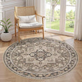 5ft Round Vintage Living Room Area Rug - 5x5 Large Soft Washable Oriental Traditional Distressed Farmhouse Rugs for Bedroom - Indoor Floor Accent Carpet for Home Office House Decor - Brown