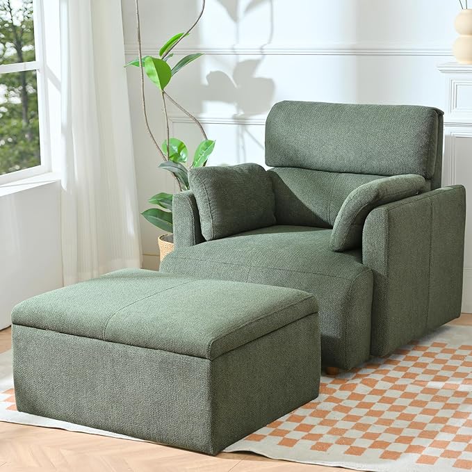 Modern Oversized Accent Chair with Storage Ottoman & Side Pillows, Snowflake Fleece Upholstered Chaise Lounge Chair, Deep Seat Reading Chair for Living Room, 350lbs Capacity