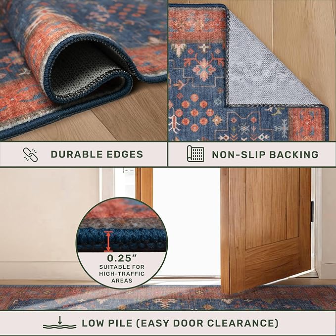 Navy Blue Area Rugs 9x12 Living Room, Dining Room Rugs for Under Table - Washable Low Pile Non-Slip Rugs for Bedroom - Vintage Boho Eclectic Home Decor - Ultra Soft Faux Wool Stain Resistance