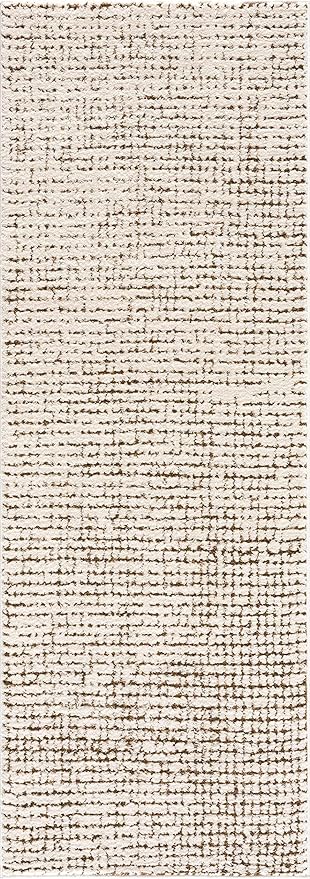 Hauteloom Keita Contemporary Mosaic Runner Rug - High Pile Fluffy Soft Shag Carpet for Hallway, Kitchen - Cream, Brown - 2'8" x 7'3" Runner