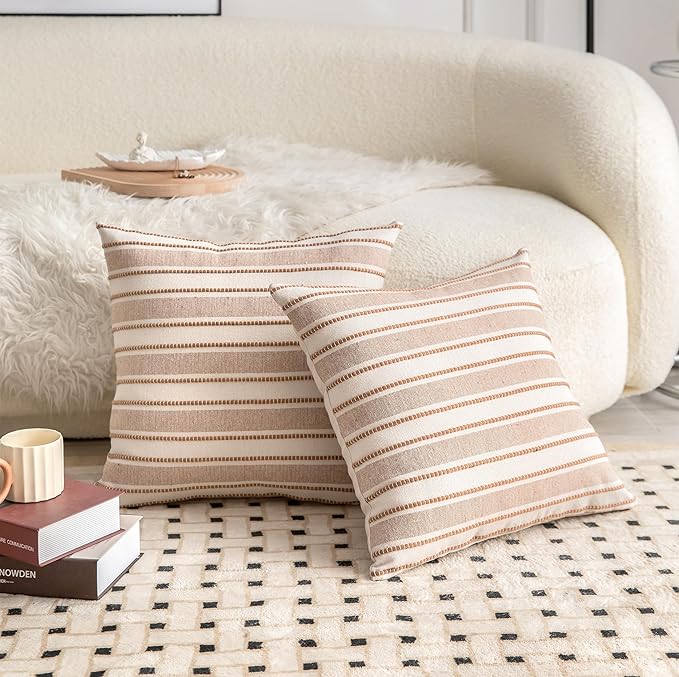 Decorative Boho Throw Pillow Covers, Farmhouse Textured Pillow Case, 20 x 20 Inch Set of 2, Chair Sofa Bedroom Living Room Home Decor Couch Cushion Case, Brown and Beige Striped