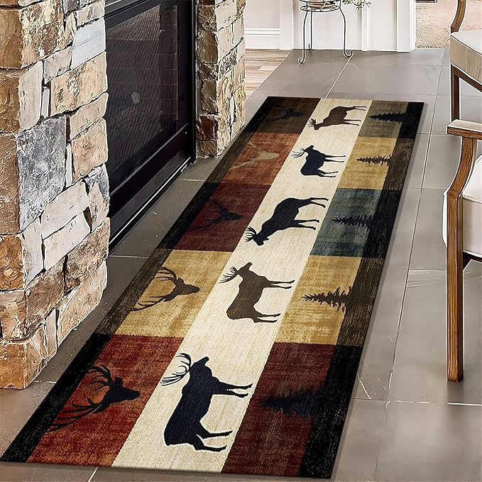 Colorful Elk Pine Tree Bohemian Hallway Rug 2x6ft with Checkered Texture - Retro Washable Kitchen Mat, Non-Slip Floor Decor for Dining Room Balcony, Canvas Art Style