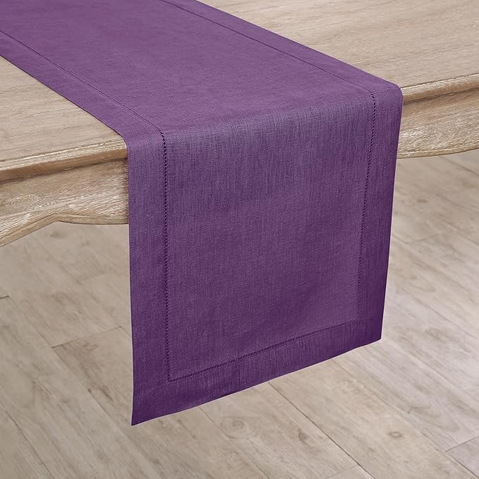 Solino Home Linen Purple Table Runner 132 Inches Long - 100% Pure Linen Extra Long Table Runner 14 x 132 Inch for Christmas, New Year - Classic Hemstitch