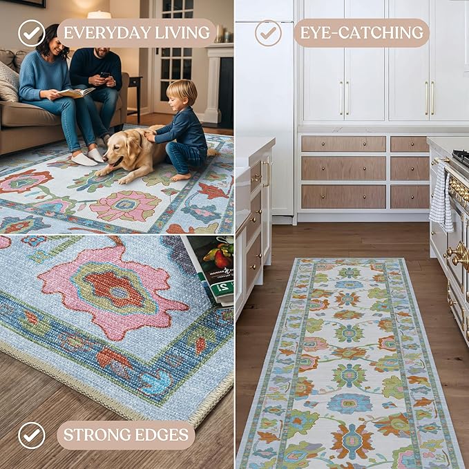 Fame Living Colorful Oushak Rug, Modern Rugs, Vintage, Turkish, Eclectic, Floral, Pastel, Washable, Small Throw, Accent Area Rug for Living Room, Bedroom, Kitchen, Bathroom, 2'5"x4'9"