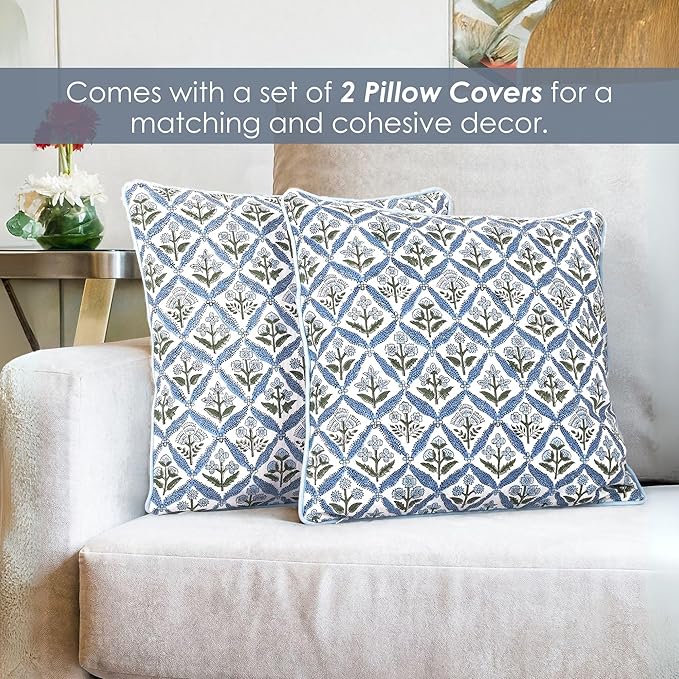 SheetKart Block Print Pillow Cover - Cotton Throw Pillow Covers for Boho Decorative Couch, Living Room, Bohemian Theme Gifts, Floral Blue - 18 x 18 Inches - Set of 2