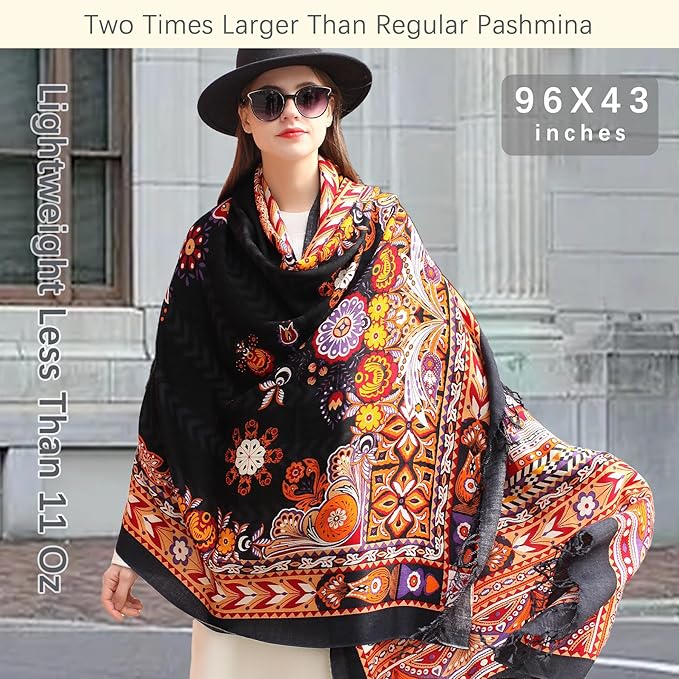 DANA XU 100% Merino Wool Pashmina Shawl for Women 96"x43", Oversized Cashmere Wrap with Tassels, Floral Travel Blanket Cape