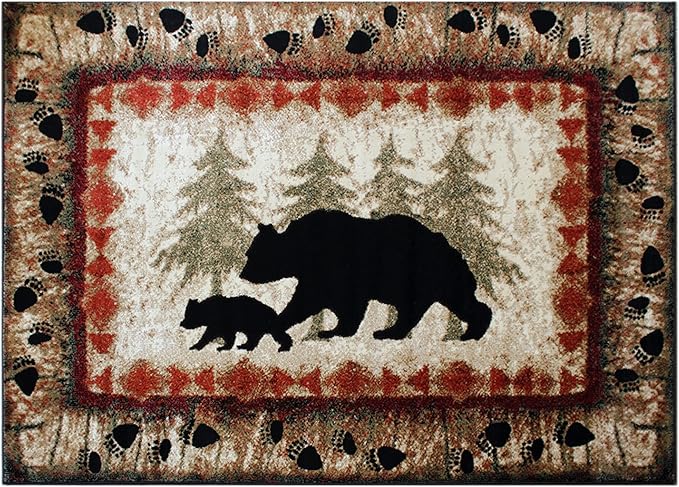 Masada Rugs, Cabin Lodge Area Rug Bear and Cub Scene (5 Feet 3 Inch X 7 Feet)