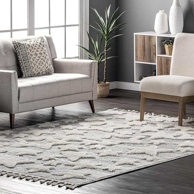 nuLOOM Raven Modern Stars High Low Shaggy Tassel Area Rug, 5x8, Light Grey